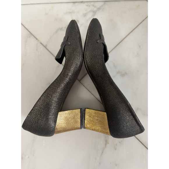 LANVIN Metallic Black Gold Block Heel Pumps Size 38 US 7 Women Leather Heels 2” - Picture 6 of 11